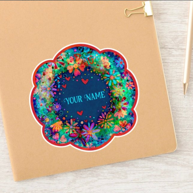Bleu Floral Boho Trendy Nom Inspirivity Sticker (Créateur téléchargé)