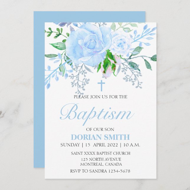 Bleu Floral Boy Invitation Baptême (Devant / Derrière)