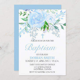 Bleu Floral Boy Invitation Baptême