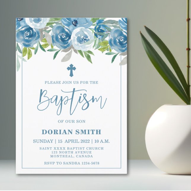 Bleu Floral Boy Invitation Baptême (Créateur téléchargé)