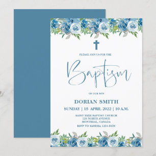 Bleu Floral Boy Invitation Baptême