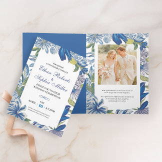 Bleu Floral classique Mariage plié Invitation