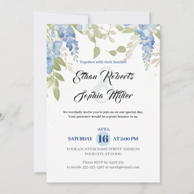 Bleu Floral Faire-part de mariage romantique (Devant)
