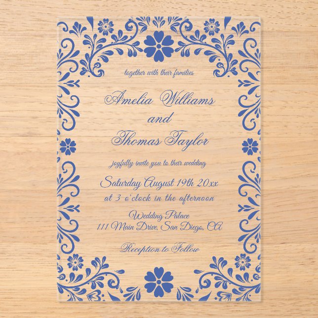 Bleu Floral Faire-part de mariage romantique (Recto)