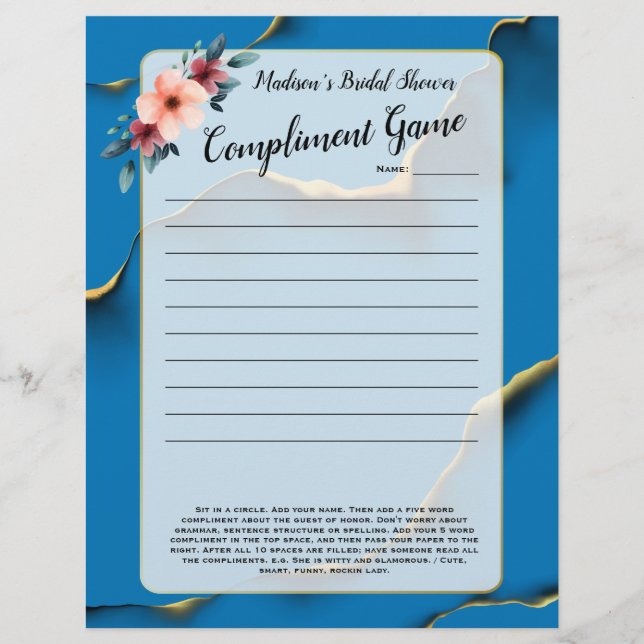 Bleu Floral Fête des mariées brise-glace 💕 5 mots (Devant)