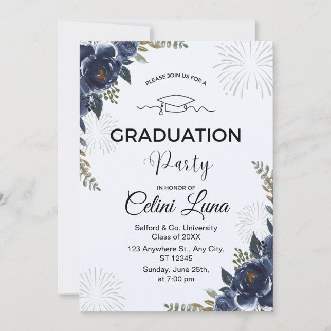 Bleu Floral Graduation Party Invitation (Devant)