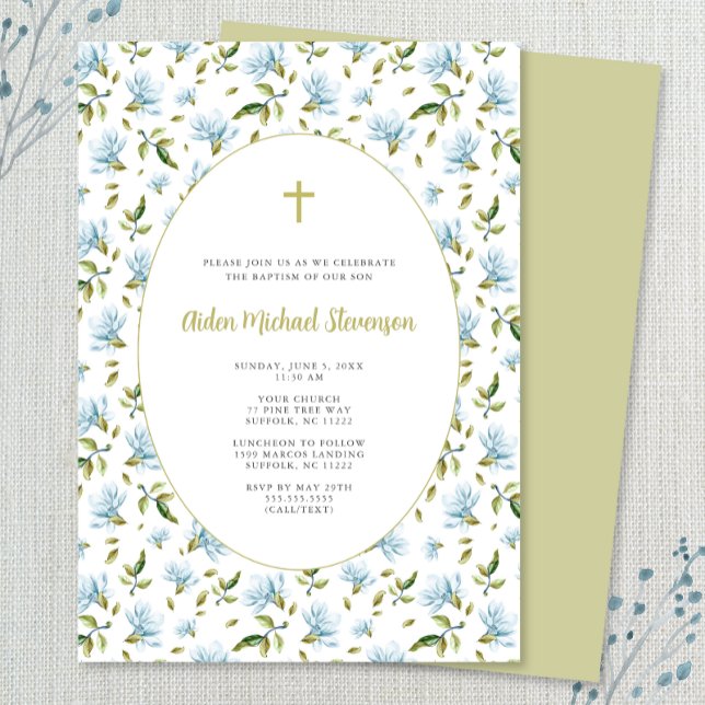 Bleu Floral Grandmillenial invitation baptême (Créateur téléchargé)