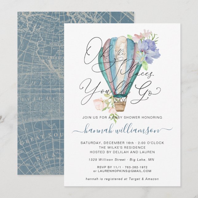Bleu Floral Hot Air Baby shower Invitation (Devant / Derrière)