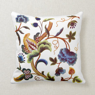 Bleu Floral Jacobean Faux Coussin de broderie