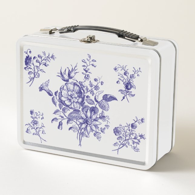 Bleu Floral Motif Métal Lunchbox (Devant)