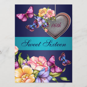 Bleu floral papillon doux16 Invitation d'anniversa
