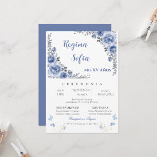 Bleu Floral Papillon Quinceanera Invitation