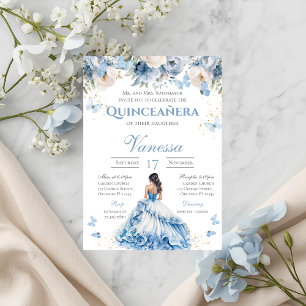 Bleu Floral Papillon Quinceanera Invitation