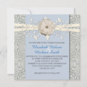 Bleu floral ruban Invitation Mariage damassé en ar