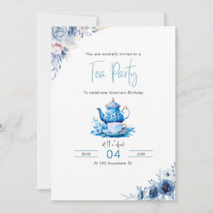 Bleu Floral Tea Party Anniversaire Invitation