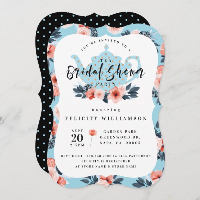 Bleu Floral Tea Party Bridal Douche Invitation (Devant / Derrière)