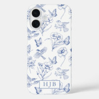 Bleu Floral Toile Papillon Monogramme coque iphone