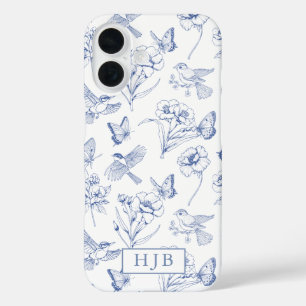 Bleu Floral Toile Papillon Monogramme coque iphone