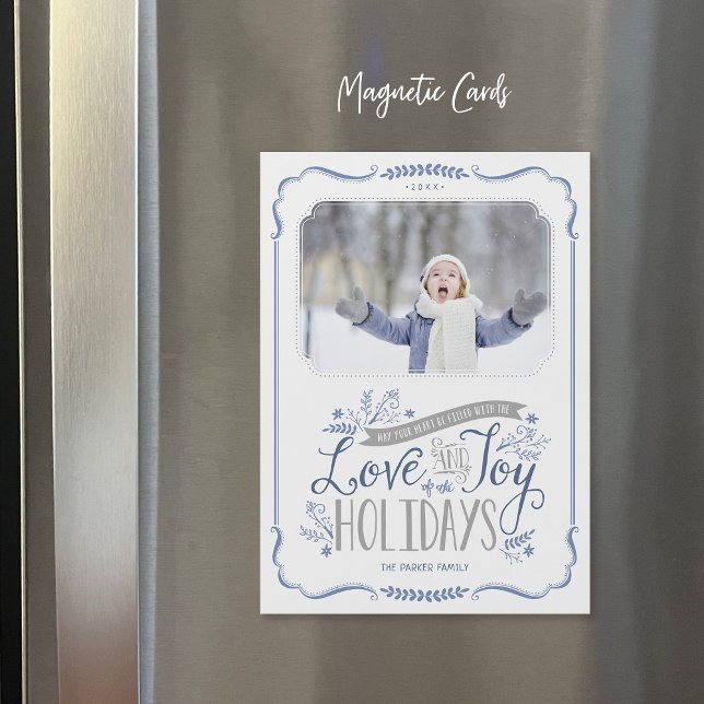 Bleu Floral Whimsy Carte photo de vacances magnéti (Créateur téléchargé)