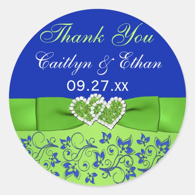 Bleu, Flore verte, Coeurs Mariage Favor Sticker (Devant)