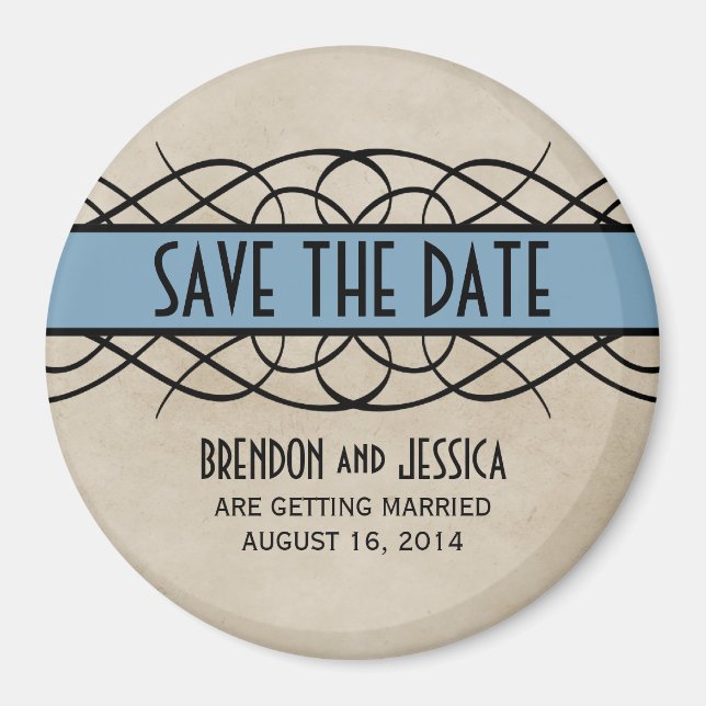 Bleu Flourish Bordure Enregistrer la date Magnet (Devant)