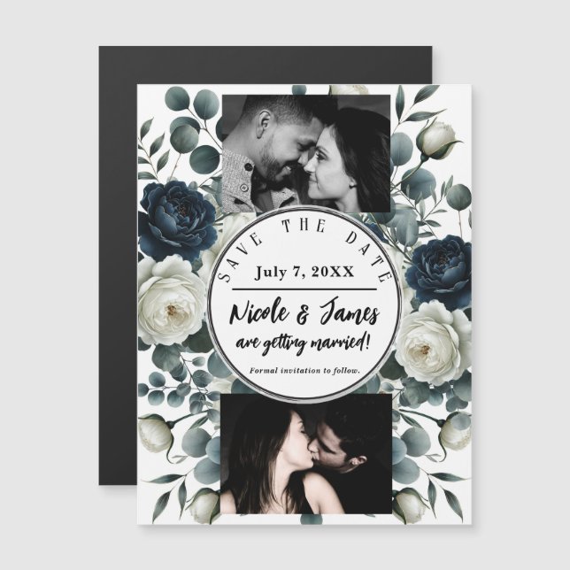 Bleu foncé et blanc Vert floral moderne Enregistre (Devant / Derrière)