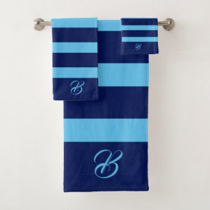 Bleu foncé et clair Rayures Monogramme Serviette d