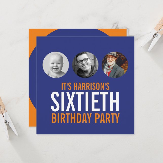 Bleu foncé orange 60ème photo invitation anniversa (Devant/Arrière en situation)
