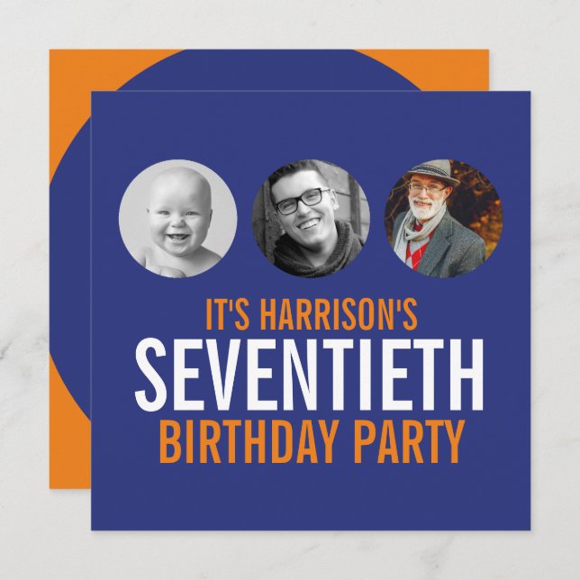 Bleu foncé orange 70ème photo invitation anniversa (Devant / Derrière)