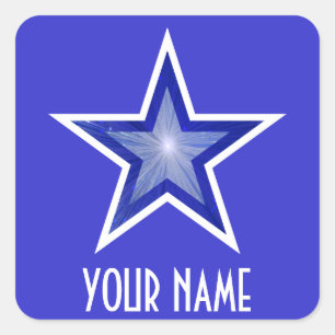 Bleu foncé Star 'Votre nom' autocollant carré bleu