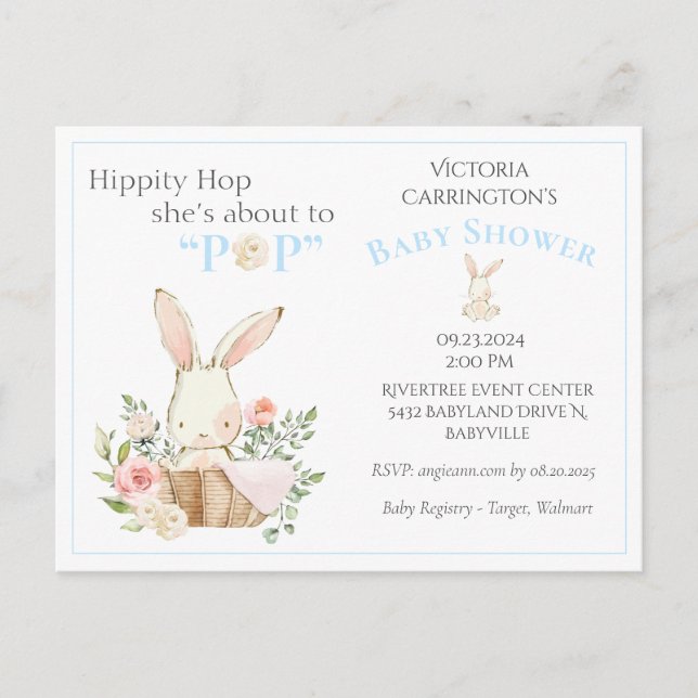 Bleu Forêt de Bois Lapin Floral Baby Invitation (Devant)