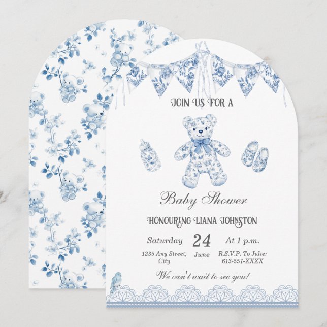 Bleu Français Bébé Bébé garçon douche Invitation (Devant / Derrière)