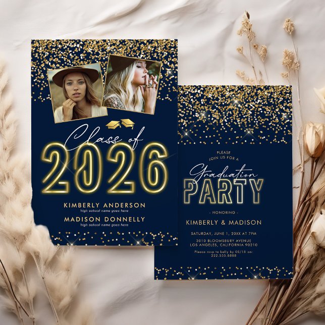 Bleu Gold Double Graduation Party Invitation (Créateur téléchargé)