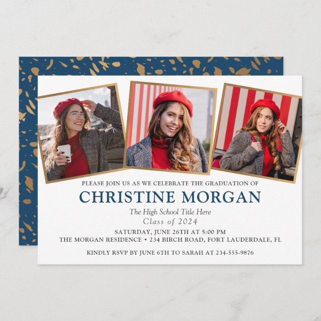 Bleu Gold Faire-part de diplôme de la photo (Devant / Derrière)