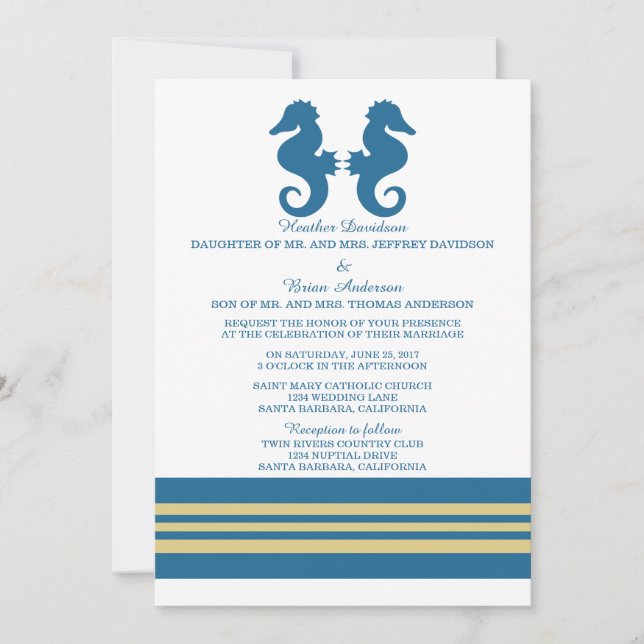 Bleu Gold Nautical Seahorse Mariage Invitation (Devant)