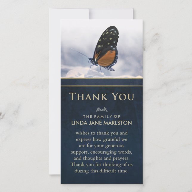 Bleu Golden Butterfly Sympathy Carte de remercieme (Devant)