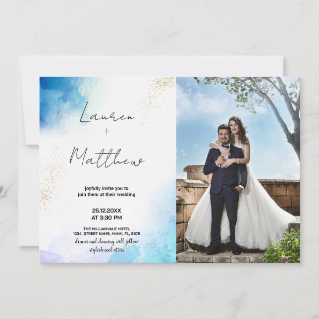 Bleu Golden Wedding Invitations avec photo (Devant)
