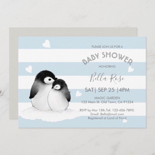 Bleu Gray Penguin Bébé Douche Invitations (Devant / Derrière)