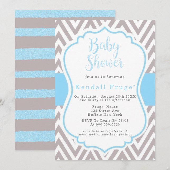 Bleu Gris Chevron Frame Boy Baby shower Invitation (Devant / Derrière)