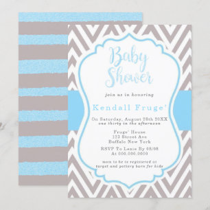 Bleu Gris Chevron Frame Boy Baby shower Invitation
