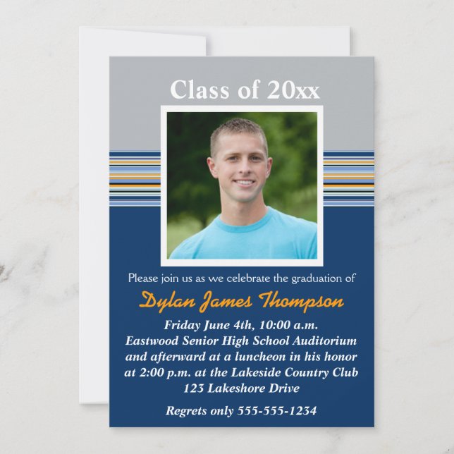 Bleu, Gris, Orange Photo Graduation Invitation (Devant)