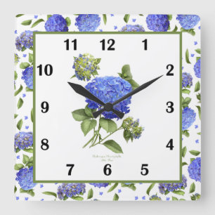Bleu Hydrangea Botanique Art Carré Horloge murale