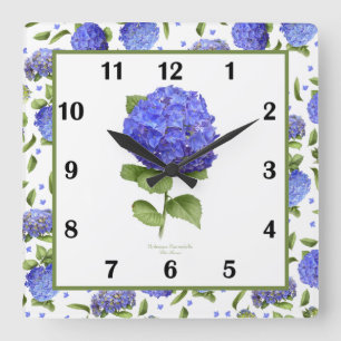 Bleu Hydrangea Botanique Art Carré Horloge murale