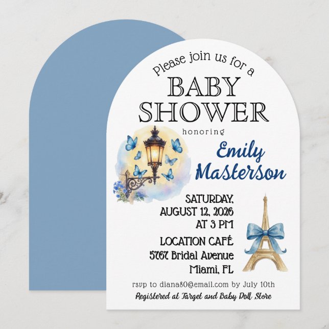 Bleu, Invitation pour une Baby Shower Parisienne p (Devant / Derrière)