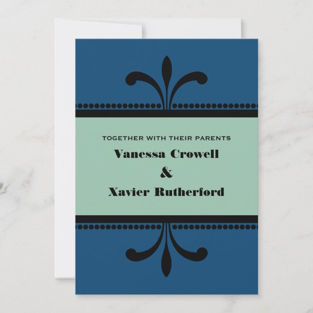Bleu/Jade Fancy Art Déco Mariage Invitation (Devant)