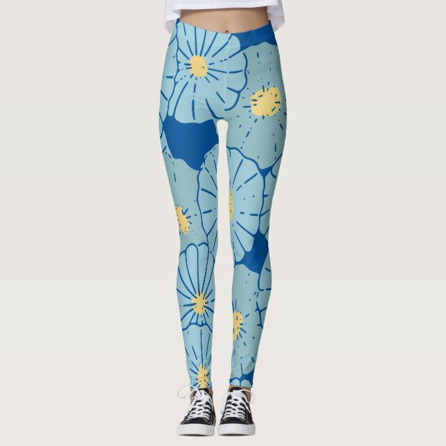 Bleu japonais motif floral illustration Leggings (Devant)
