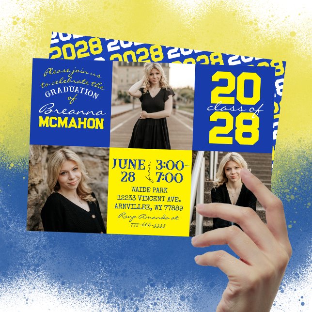 Bleu & Jaune 3 Photo Graduation Invitation (Unique Blue and Yellow 3 Photo Graduation Invitations)