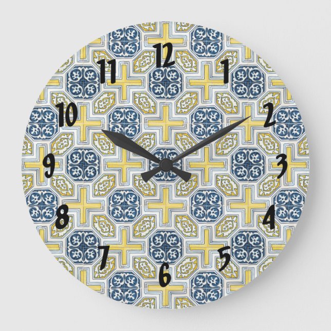 Bleu Jaune Géométrique Floral Noir Nombres Horloge (Recto)