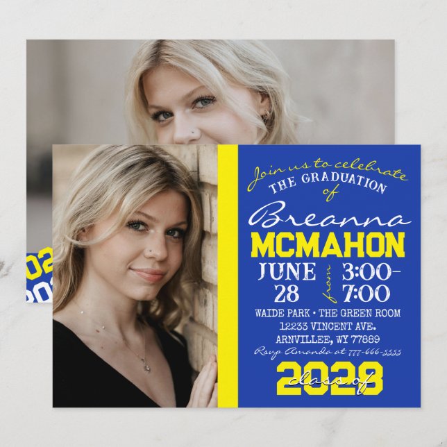 Bleu & Jaune Graduation 2 Photo Invitation (Devant / Derrière)