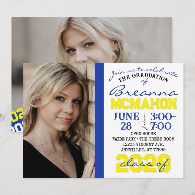 Bleu & Jaune Graduation 2 Photo Invitation (Devant / Derrière)